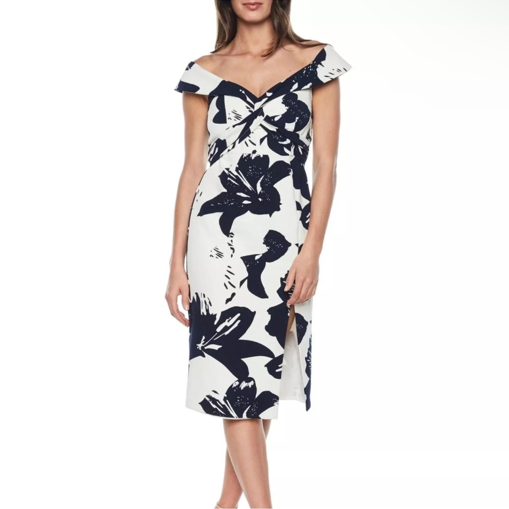 NWT Bardot Floral Camilla off the shoulder Sheath Navy White Midi Dress Size 10 - Picture 4 of 6